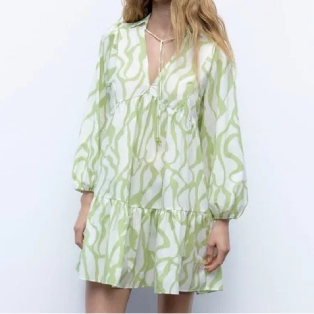Zara White and Green Mini Dress